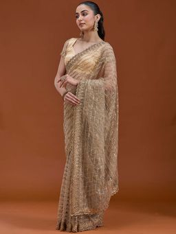 Koskii - Beige Sequins Net Saree with Unstitched Blouse