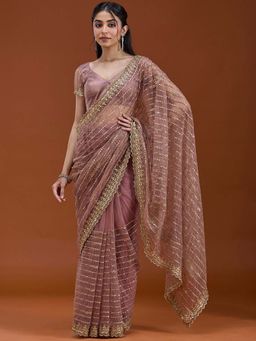 Koskii - Onion Pink Sequins Net Saree with Unstitched Blouse