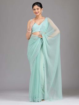 Koskii - Sea Green Stonework Silver Chiffon Saree with Unstitched Blouse