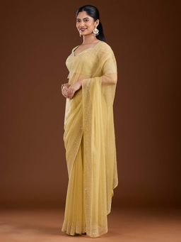 Koskii - Yellow Stonework Silver Chiffon Saree with Unstitched Blouse