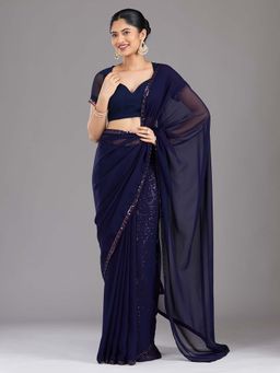 Koskii - Navy Blue Sequins Georgette Saree with Unstitched Blouse