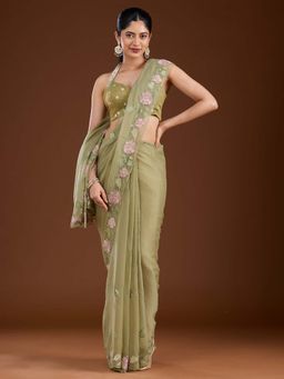 Koskii - Pista Green Thread Work Chiffon Saree with Unstitched Blouse