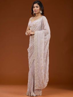 Koskii - Mauve Embroidered Gold Georgette Saree with Unstitched Blouse