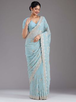 Koskii - Sky Blue Embroidered Gold Georgette Saree with Unstitched Blouse