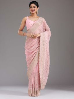 Koskii - Baby Pink Embroidered Gold Georgette Saree with Unstitched Blouse