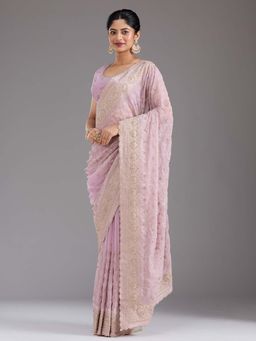 Koskii - Lavender Embroidered Gold Georgette Saree with Unstitched Blouse