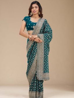 Koskii - Rama Green Embroidered Gold Georgette Saree with Unstitched Blouse