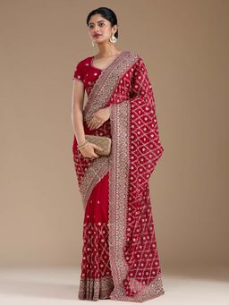 Koskii - Rani Pink Embroidered Gold Georgette Saree with Unstitched Blouse