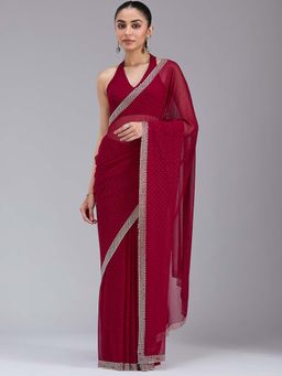 Koskii - Maroon Stonework Gold Georgette Saree with Unstitched Blouse