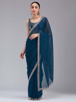 Koskii - Teal Blue Stonework Gold Georgette Saree with Unstitched Blouse