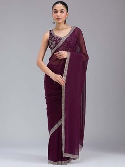 Koskii - Purple Stonework Gold Georgette Saree with Unstitched Blouse