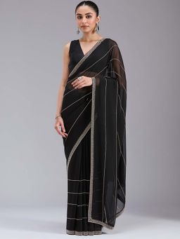 Koskii - Black Stonework Gold Georgette Saree with Unstitched Blouse