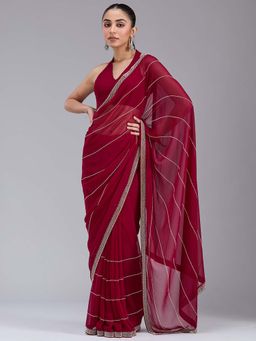 Koskii - Maroon Stonework Gold Georgette Saree with Unstitched Blouse