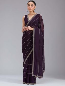 Koskii - Purple Stonework Gold Georgette Saree with Unstitched Blouse