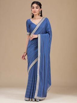 Koskii - Navy Blue Embroidered Silver Soft Raw Silk Saree with Unstitched Blouse