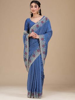 Koskii - Navy Blue Thread Work Soft Raw Silk Saree with Unstitched Blouse