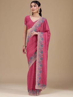 Koskii - Onion Pink Thread Work Soft Raw Silk Saree with Unstitched Blouse