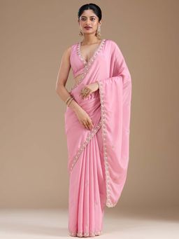 Koskii - Onion Pink Embellished Gold Chinon Saree with Unstitched Blouse