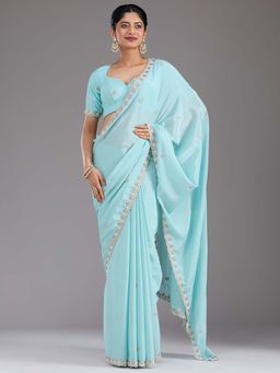 Koskii - Sky Blue Embellished Gold Chinon Saree with Unstitched Blouse