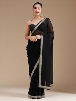 Koskii - Black Embroidered Silver Georgette Saree with Unstitched Blouse
