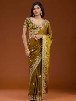 Koskii - Mustard Embroidered Gold Tissue Saree with Unstitched Blouse