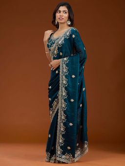 Koskii - Teal Blue Embroidered Gold Tissue Saree with Unstitched Blouse