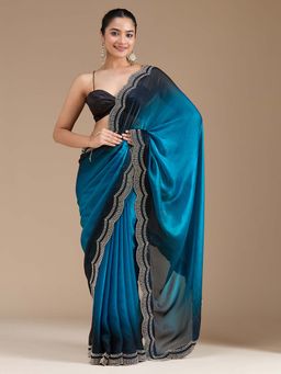 Koskii - Blue Stonework Gold Tissue Saree with Unstitched Blouse