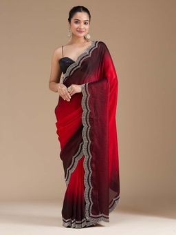 Koskii - Red Stonework Gold Tissue Saree with Unstitched Blouse