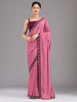 Koskii - Onion Pink Stonework Silver Velvet Saree with Unstitched Blouse