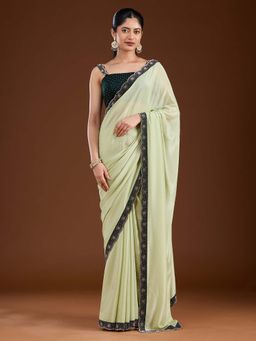 Koskii - Pista Green Stonework Silver Velvet Saree with Unstitched Blouse