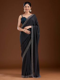 Koskii - Black Stonework Silver Velvet Saree with Unstitched Blouse