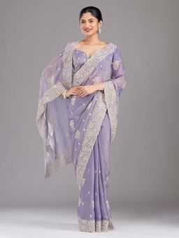 Koskii - Lavender Embroidered Silver Tissue Saree with Unstitched Blouse