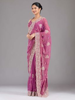 Koskii - Pink Embroidered Silver Tissue Saree with Unstitched Blouse