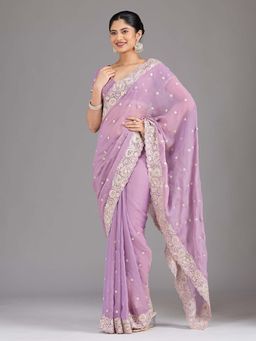 Koskii - Lavender Thread Work Tissue Saree with Unstitched Blouse