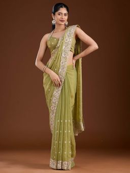 Koskii - Pista Green Thread Work Tissue Saree with Unstitched Blouse