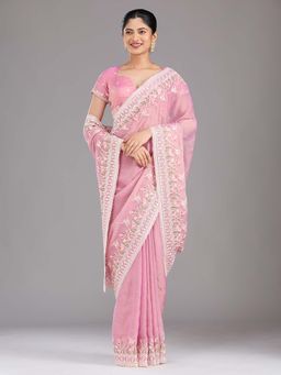 Koskii - Onion Pink Thread Work Chiffon Saree with Unstitched Blouse