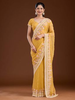 Koskii - Yellow Thread Work Chiffon Saree with Unstitched Blouse
