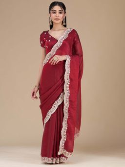 Koskii - Maroon Embroidered Gold Tissue Saree with Unstitched Blouse
