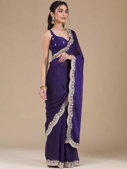 Koskii - Purple Embroidered Gold Tissue Saree with Unstitched Blouse