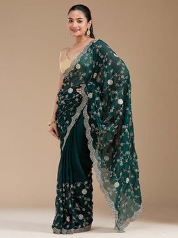 Koskii - Bottle Green Embroidered Gold Georgette Saree with Unstitched Blouse