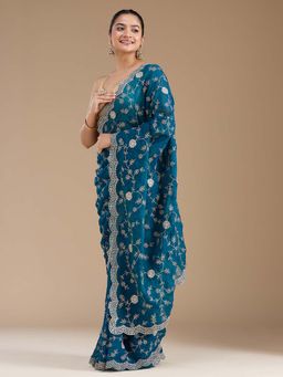 Koskii - Teal Blue Embroidered Gold Georgette Saree with Unstitched Blouse