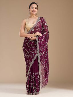 Koskii - Wine Embroidered Gold Georgette Saree with Unstitched Blouse