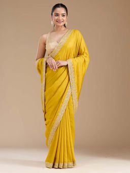 Koskii - Mustard Embroidered Gold Soft Raw Silk Saree with Unstitched Blouse