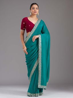 Koskii - Rama Green Embroidered Gold Soft Raw Silk Saree with Unstitched Blouse