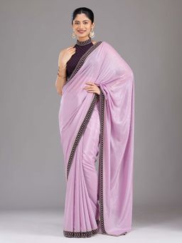 Koskii - Lavender Stonework Gold Velvet Saree with Unstitched Blouse