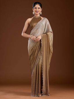 Koskii - Light Gold Stonework Gold Satin Saree with Unstitched Blouse