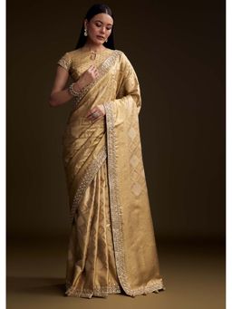 KALKI FASHION - Cream Tissue Gotapatti & Moti Brocade Woven Saree with Unstitched Blouse