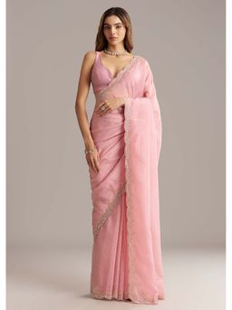 KALKI FASHION - Pink Crush Tissue Scallop Border Embellished Saree with Unstitched Blouse