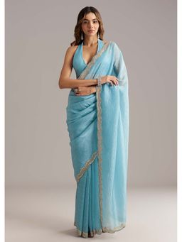 KALKI FASHION - Sky Blue Tissue Scallop Border Embellished Saree with Unstitched Blouse