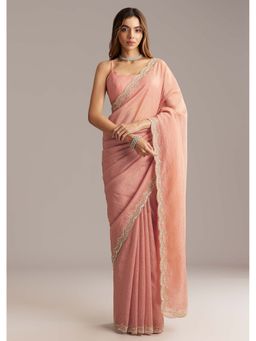 KALKI FASHION - Peach Tissue Scallop Border & Sequin Embellished Saree with Unstitched Blouse
